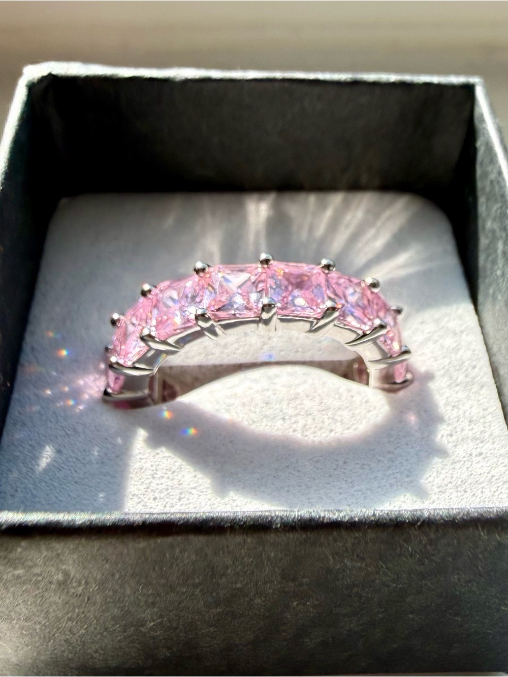 NEW!! 14k White Gold Plated Eternity Band with Pink Cubic Zirconia Stones